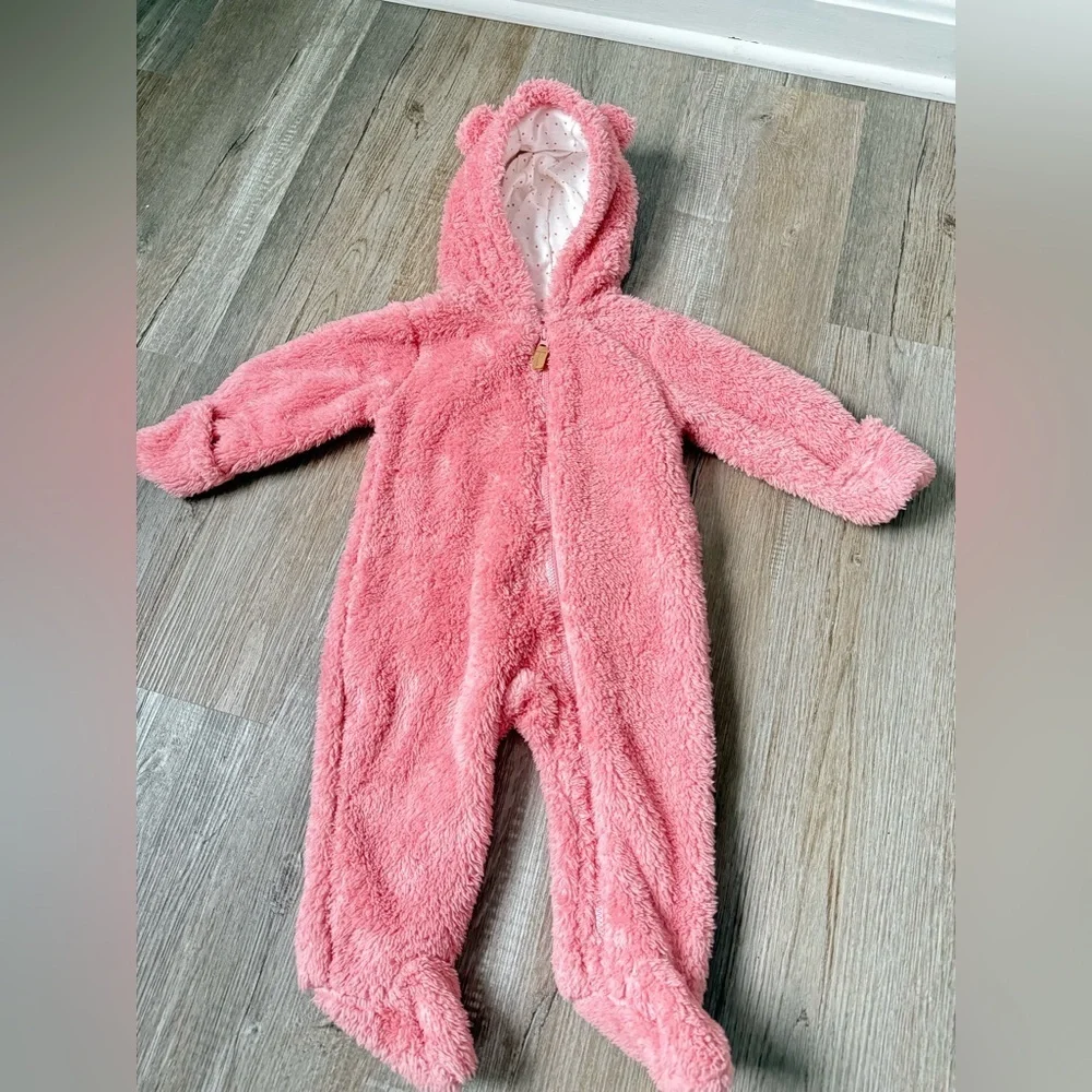 Carters Fleece Hooded Bear Bunting Outfit Teddy Pink One Piece Baby Size 3 6 Mos